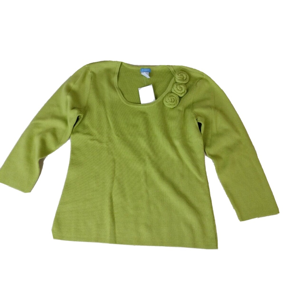 Lime Green Silk Blend Women's Sweater Knit Stretch Embellished with Roses Size L